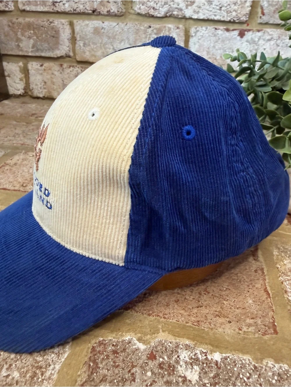 Vintage | Blue and Cream Corduroy Baseball Hat with Sun Embroidery